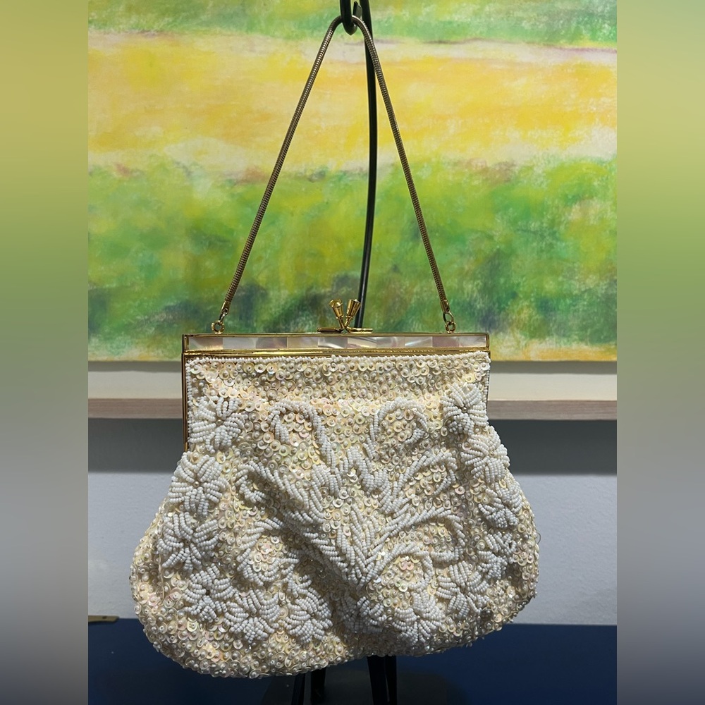 Floral Sequin Beaded Evening Bag Clutch Purse Mother Of Pearl Gold Vintage 60s - Picture 1 of 8